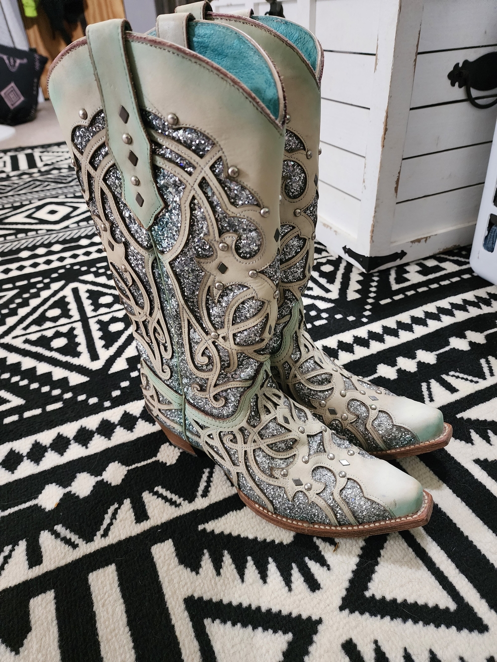 Corral Turquoise Green and Silver Glitter Lace-Up Western Boots